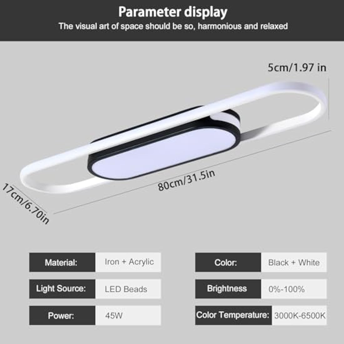 Oninio LED Ceiling Lights 80cm Modern Ceiling Lamp Dimmable Ceiling Light with Remote Control Linear Ceiling Lights for Living Room Kitchen Dining Room Bedroom (Black)