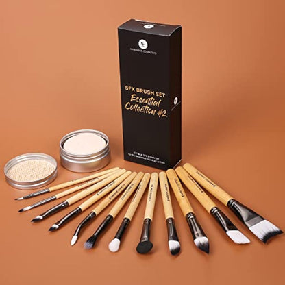 Essential SFX Makeup Brush Kit - 12 Piece Special Effects Set with Vanilla Fragrance Brush Soap Cleanser & Standing Makeup Brush Bag - Film, Theater, Halloween - Collection #2