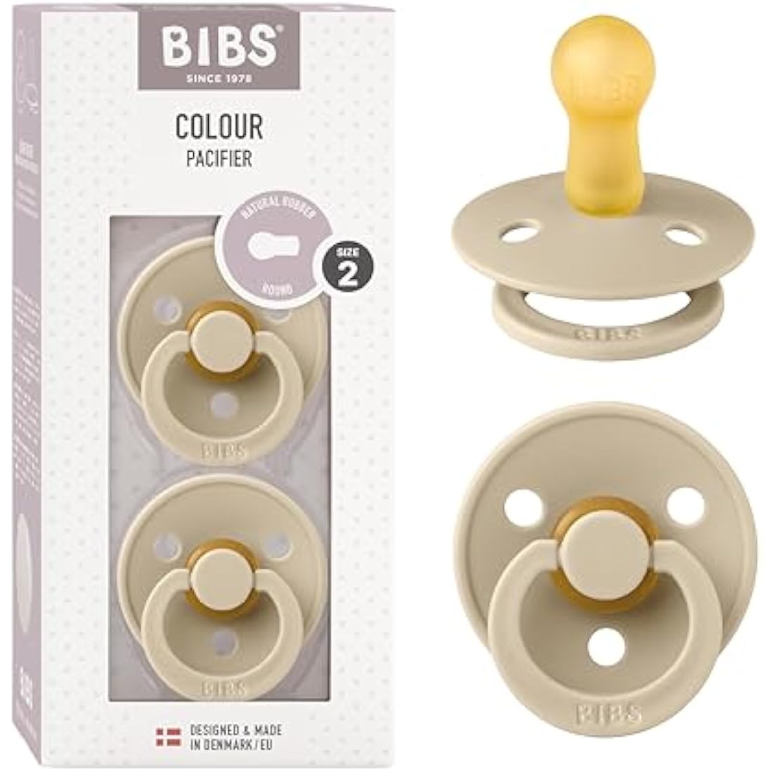 BIBS Colour Soother 2-Pack, BPA Free Dummy Pacifier, Round Nipple. Natural Rubber Latex, Size 2 (6-18 Months), Vanilla/Vanilla