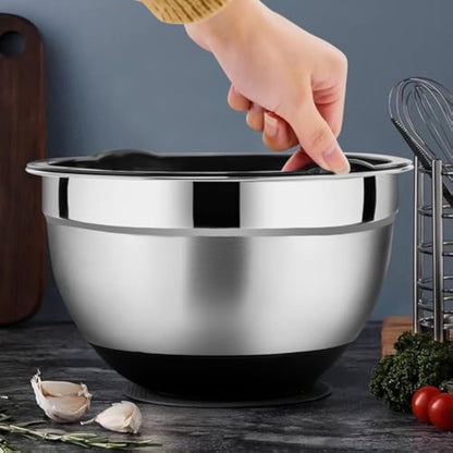 HaWare Mixing Bowl Set of 6, Stainless Steel Salad Bowl for Kitchen Baking, Serving, Space-Saving Storage Metal Nesting Bowl, Silicone Bottom & Airtight Lids, Size 4.5/3/2.5/1.5/1.2/0.7QT (Black)