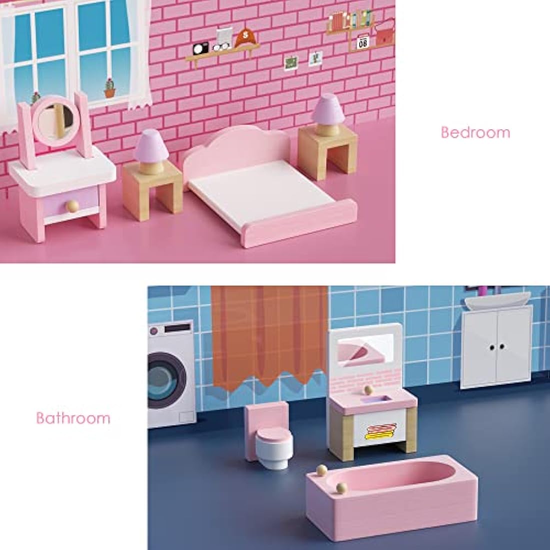 Lawcephun Wooden Dollhouse Furniture Set, 5 Room Kit 22 Piece Miniature Wood Accessories, Including Kitchen, Dining Room, Living Bedroom, Bathroom Playhouse Family Figures Play Toy, Pink (WT06)