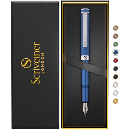 Scriveiner Luxury EDC Fountain Pen (Medium), Stunning Matt Blue Pocket Pen, Chrome Finish, Schmidt German Nib, Converter, Best Writing Pen Gift Set for Men & Women, Nice Fancy Office Designer Pen