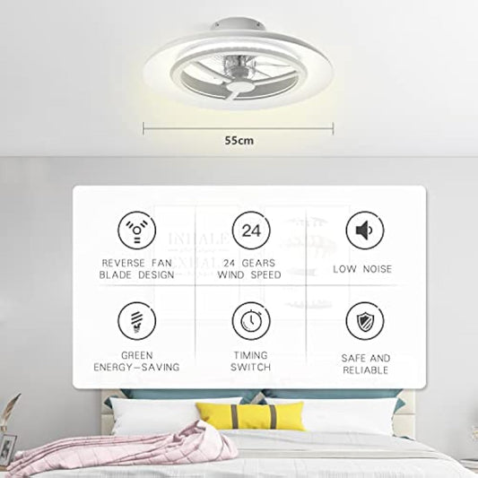 BKZO 55cm LED Ceiling Light with Fan, Ceiling Fan Lights Without Lampshade Wind Speeds Adjustable, Stepless Dimming Light, Modern Fan Lighting, 3000-5500K