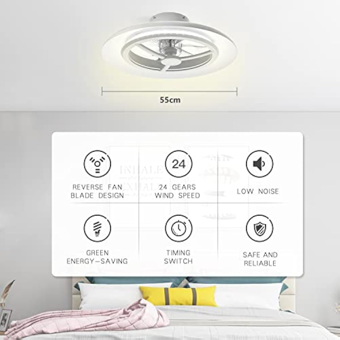 BKZO 55 cm Smart LED Ceiling Light with Fan, Ceiling Fan Lights Without Lampshade, Wind Speeds Adjustable, Stepless Dimming Light, RGB dimming, Modern Fan Lighting, 3000-5500K [Energy Class F]