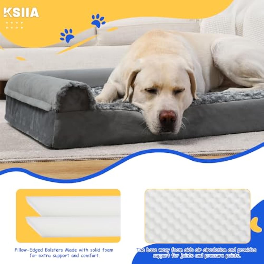 KSIIA Extra Large Dog Bed, XXL Orthopedic Dog Sofa Bed with Removable Washable Cover, Waterproof, U-Shape Bolster, Grey 121x76x18cm