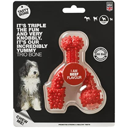TastyBone TrioBone Nylon Dog Chew Toy for Small Dogs (Beef) - Indestructible for Aggressive Chewers, Everlasting Flavour, Strong Healthy Teeth, Made in the UK