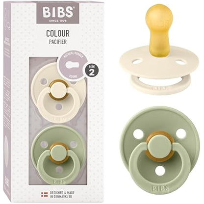 BIBS Colour Soother 2-Pack, BPA Free Dummy Pacifier, Round Nipple. Natural Rubber Latex, Size 2 (6-18 Months), Ivory/Sage