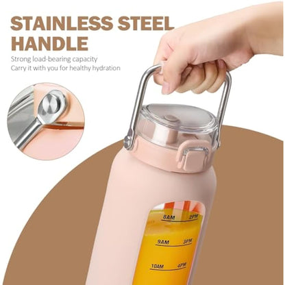 BLUEGO 2000ml Borosilicate Glass Water Bottle with Stainless Handle and Time Marker 2L Drinking Bottle with Silicone Sleeve and Straw for Gym Office Outdoor Sports Water Bottles BPA Free, Amber
