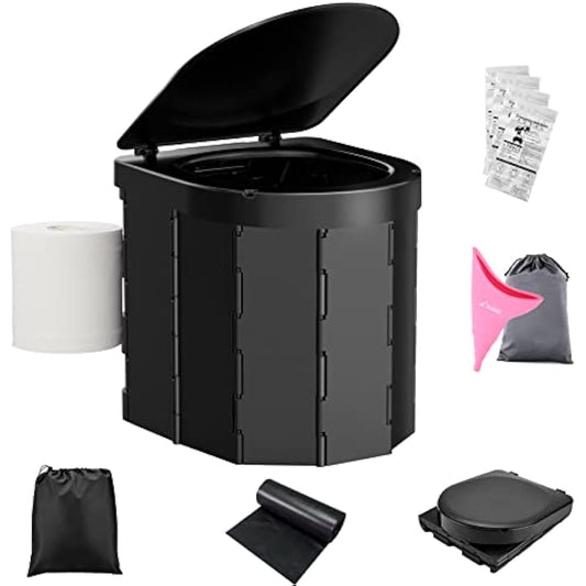 WADEO Upgraded Camping Toilet, Portable Travel WC with Lid Toilet Roll Holder, Perfect for Camping, Trip, Car (Black - Female Urinal + Chemical Bags)