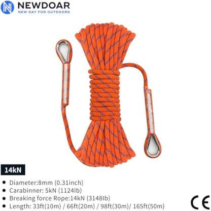 NewDoar 14KN Static Climbing Rope 8mm Accessory Cord Equipment 33FT(10M) 66FT(20M) 98FT(30M) 165FT(50M) Escape Rope with 2 Carabiners for Ice Climbing Fire Rescue Rope Safety Rope