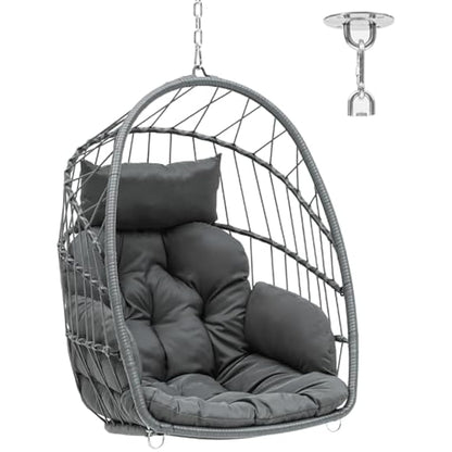 YITAHOME Rattan Egg Chair Max. load 150 kg Garden Egg Chair with 2 Cushions, 105 x 74 x 72 cm Iron Sturdy Steel Frame, Hanging Egg Chair with a Chain & S Hook for Patio, Garden, Living Room, Grey