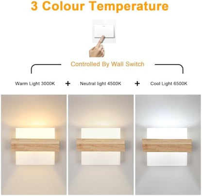 DELIPOP Wooden Wall Lights Indoor, E27 Modern Minimalist Design Wall Lamp, Wood Wall Lighting Fixtures 3 Lighting Colours 3000K/4500K/6500K for Living Room Bedroom Corridor Stairs