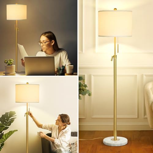 Floor Lamp,Floor Lamps for Living Room,Gold Modern Standing Lamp with Lampshade,3 Colors Temperature,Height Adjustable,Standard Lamps for Living Room Bedroom Office(9W Bulb Included)