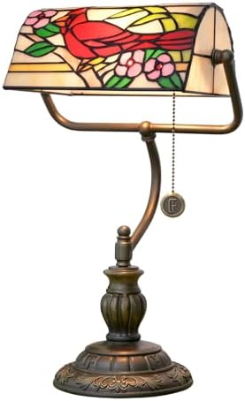 Blivuself Northern Cardinal Bird Tiffany Bankers Desk Lamp Stained Glass Table Lamp Vintage Bedroom Bedside Office Study Pull Chain Reading Desk Light Gift Nightstand Aesthetic Antique Desklamp