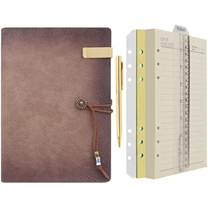 WONDERPOOL A5 Leather Diary Lined Paper Notebook & Pen - Refillable 6 Ring Binder Writing Spiral Journal with Ruled Notepads for Office Travel Work and Plan Agenda(a-Maroonpink, A5)
