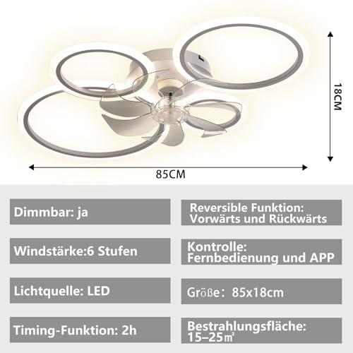 MiiR Ceiling Fan with Lighting,led Ceiling Light with Fan Remote Control and APP Quiet,60W Dimmable Ceiling Lamp Timer Lamp with Fan for Bedroom