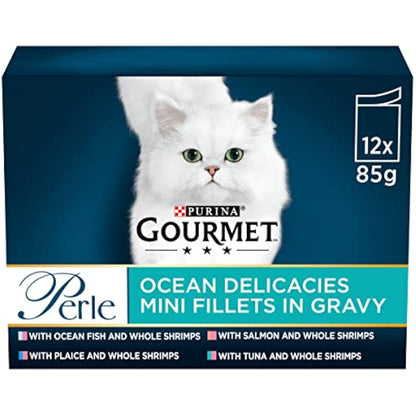 GOURMET Perle Mini Fillets in Gravy Ocean Delicacies (Salmon,Tuna,OceanFish,Plaice) Wet Cat Food Pouch 12x85g, Pack of 4