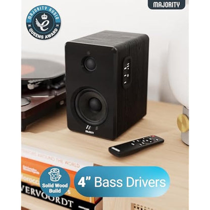 MAJORITY D40 | Active Bluetooth Bookshelf Speakers | Amplified HiFi Speakers with 60W 2.0 Channel 4" Drivers | Powered Studio Loudspeakers with Optical, RCA, USB & AUX Input | Remote Control Included