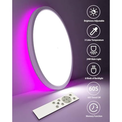 zemty 2Pack LED Ceiling Light Dimmable 3000-6500K, 24W 3200LM Bathroom Lights Ceiling with Remote Control, RGB Color Changing, Memory, Round Flush Ceiling Lamp for Bedroom Living Room Kitchen
