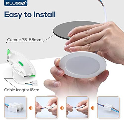 ALUSSO LED Recessed Ceiling Lights Dimmable, 5W IP65 LED Bathroom Spotlights, Warm White 3000K-Neutral White 4000K-Cool White 6500K Adjustable, Cut Φ75-85MM, 30MM Ultra-Slim Round Downlights, 6 Pack