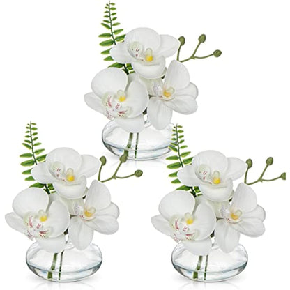 Briful Set of 3 Artificial Orchids in Glass Vase, White Orchids Fake Flowers in Faux Water Artificial Flowers for Decoration Artificial Plant for Living Room Bathroom Office Décor