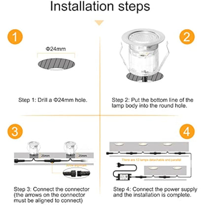 GEYUEYA Home Warm White Decking Lights, φ30mm LED Deck Lights 12V 0.6W IP67 Waterproof, Led Plinth Light for Terrace/Patio/Path/Wall/Garden/Decoration - 10 Packs