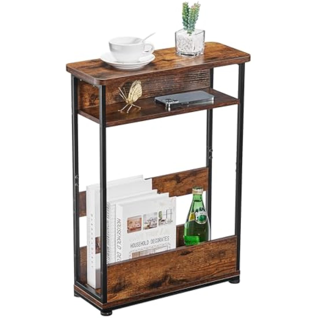 YEAKOO Narrow Side Table for Narrow and Small Spaces, Skinny Bedside Table Small Nightstand with Magazine Rack Space Saving (Rustic Brown, M)