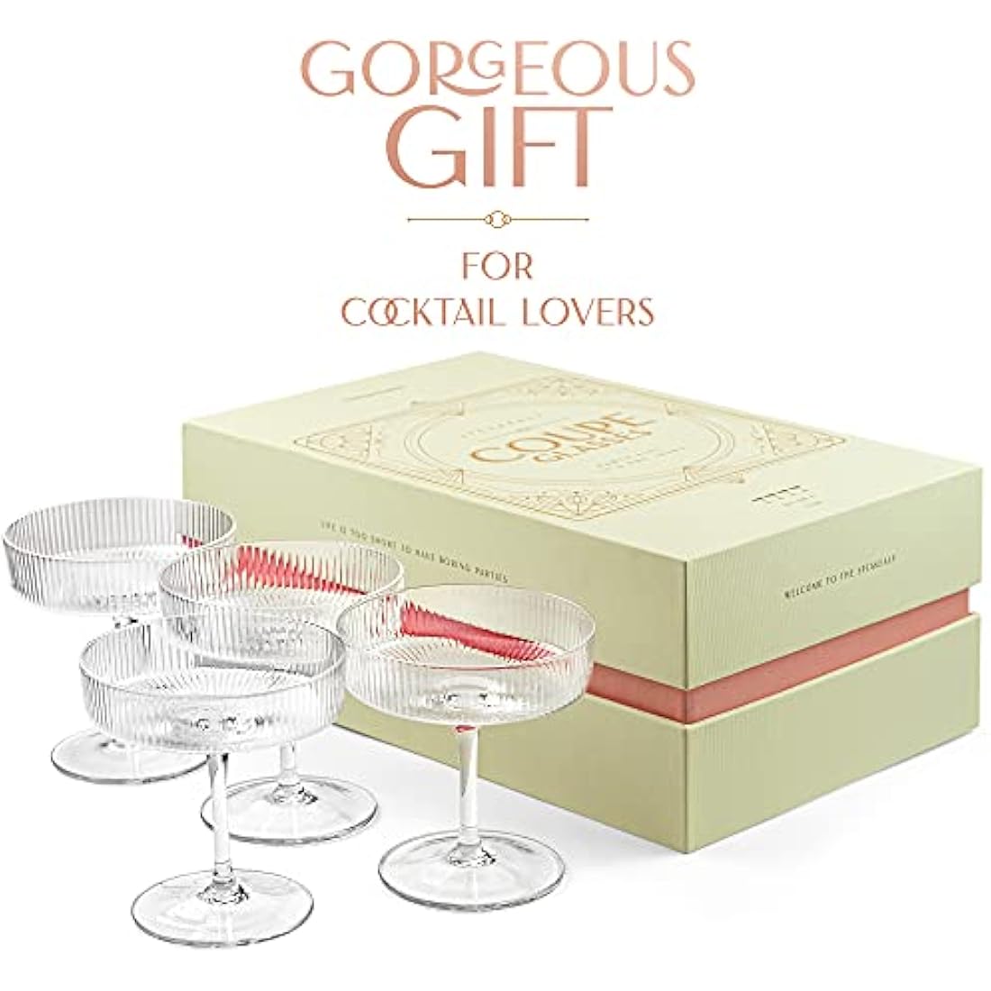 Vintage Art Deco Coupe Glasses | Set of 4 | 200 ml Classic Cocktail Glassware for Champagne, Martini, Manhattan, Cosmopolitan, Sidecar | Crystal Speakeasy Style Saucer Goblets with Stems
