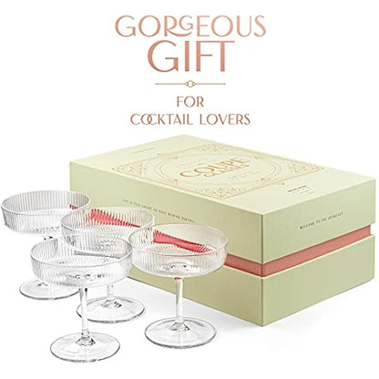 Vintage Art Deco Coupe Glasses | Set of 4 | 200 ml Classic Cocktail Glassware for Champagne, Martini, Manhattan, Cosmopolitan, Sidecar | Crystal Speakeasy Style Saucer Goblets with Stems