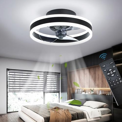 LED Ceiling Fans with Lights Reversible Remote, 6 Speeds Modern Bedroom Fan Ceiling Light Quiet Dimmable Small Ceiling Fan Light for Living Room, Black 40CM