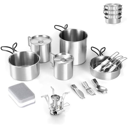 Odoland Camping Cookware Kit, Ceramic Non-Stick Cooking Set with Plates, Bowls, Forks, Knives, Spoons for Camping, Backpacking, Hiking, Picnics
