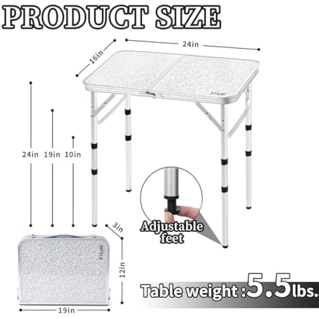 Yriuat Folding Camping Table 2ft Portable Pinic Table Adjustable Height Small Card Table Aluminum Foldable Lightweight with Carry Handle for Outdoor Indoor Hiking Camp BBQ Beach