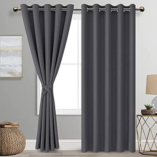 DWCN Dark Grey Blackout Curtains with Tiebacks for Bedroom Thermal Insulated Solid Eyelet Curtains for Living Room,2 Panels,66" Wide x 90" Drop