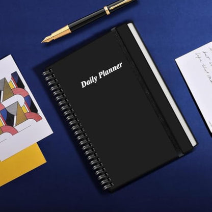 Daily Planner Undated - A5 To Do List Notebook Hourly Schedules, Spiral Appointment Planner for Women and Men, PVC Hardcover, Inner Pocket, Elastic Closure, 5.8" x 8.5", Black
