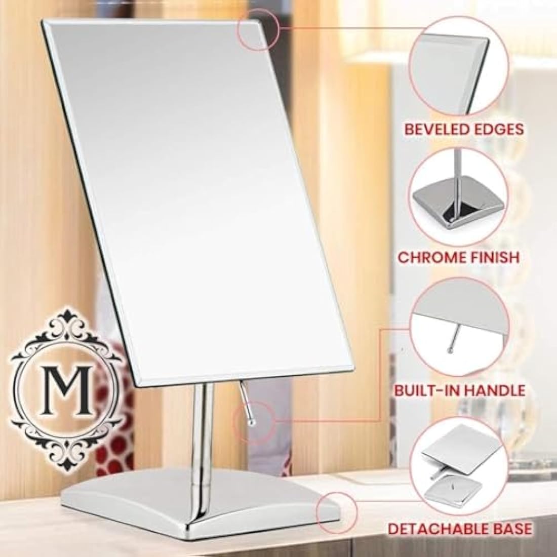 Large Free Standing Mirror for Bathroom Countertop, Dressing Table, Desk and Bedroom Vanity - True Frameless Face Mirror For Makeup and Shaving - 25 x 18cm