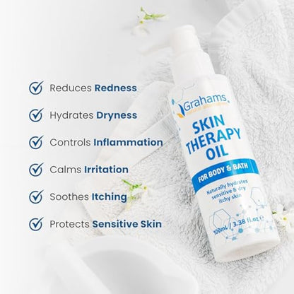 Grahams Natural Skin Therapy Body Oil - For Dry Skin, Eczema & Itch Relief - Hydrates & Nourishes Sensitive Skin - Natural 100% Oil Blend with Vitamin E | Hypoallergenic & Steroid-Free (220ml)