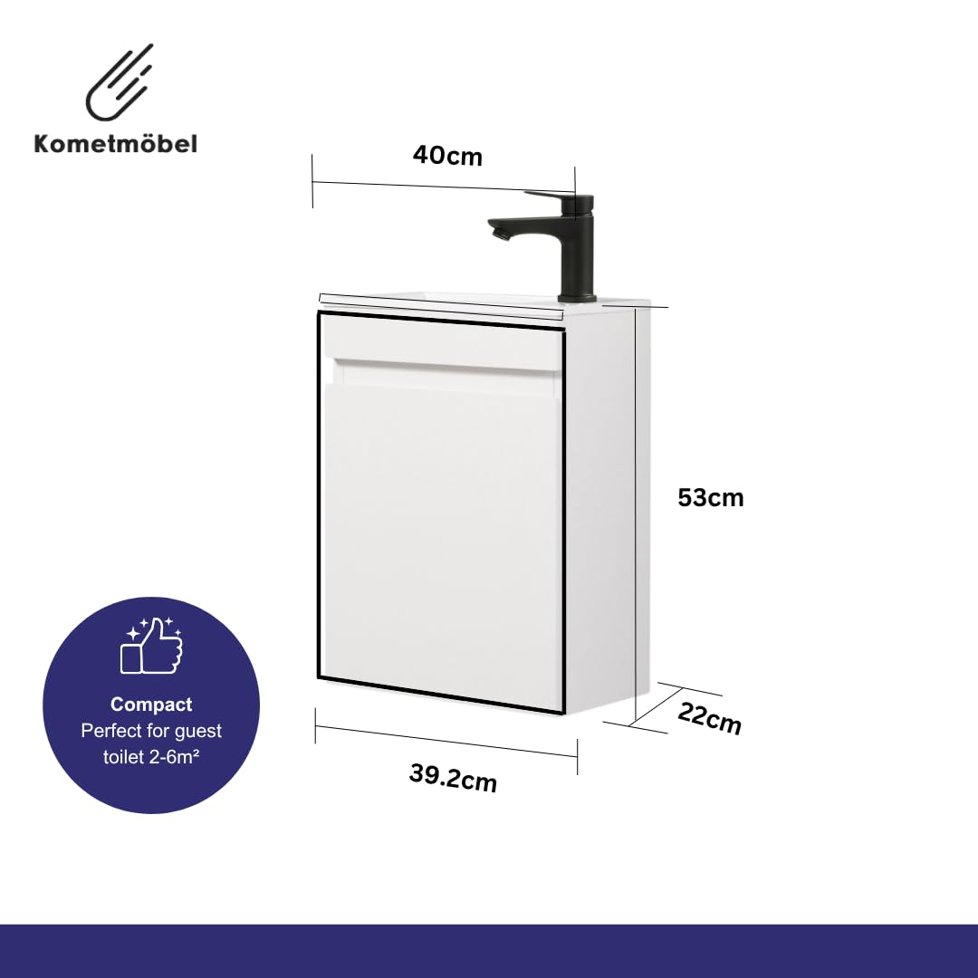Kometmöbel 400mm Wall Hung Cloakroom Vanity Unit with Basin - Compact Slimline Bathroom Storage Cabinet Pre-Assembled (White 40cm, Excl. Waste & Tap)