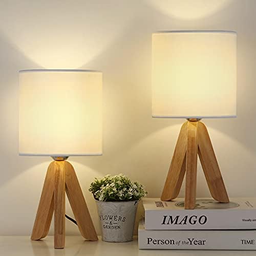 UOMIO Wooden Tripod Lamps Set of 2 Tripod Table Lamps with Wooden Base and Fabric Shade Lights Small Bedside Lamps for Warm Atmosphere Bed Room Living Room Decoration