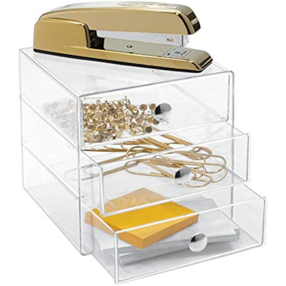 iDesign 35300 Makeup Organiser with Three Drawers, Sturdy Plastic Storage Box for Makeup, Accessories, Jewelry and More, Compact Dressing Table Organiser, Clear