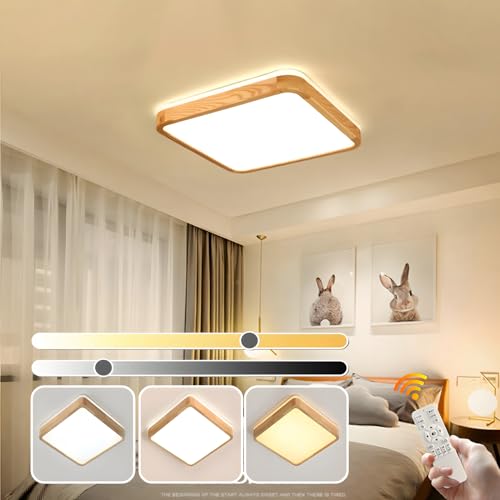 YYUTLUO LED Ceiling Light Wood, Top 360 Glow Square Natural Wooden Lamp | Dimmable with Remote Control 2700K-6500K, 30W | Living Room, Dining Room,
