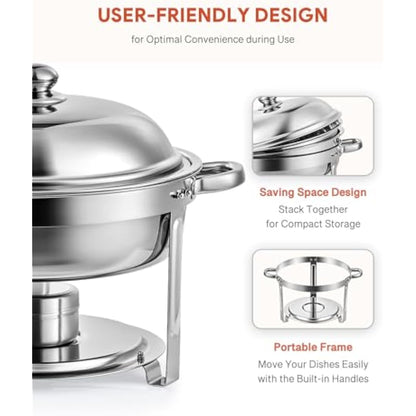 Wilprep Chafing Dish Buffet Set of 4, Round Stainless Steel Chafing Dishes and Food Warmers with Lids Food Pans & Fuel Holders, 5L Buffet Trays for Restaurant Catering Parties Weddings Picnics