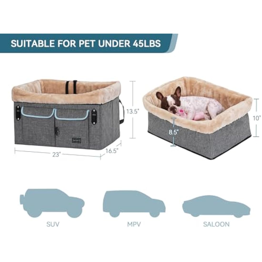 Petsfit Dog Car Seat for Medium Sized Dog or 2 Small Dogs, Dog Booster Car Seat with Patent Buckles, Washable Pad, Upgraded Pet Car Seat for Dogs Up to 20 KG, Light Grey
