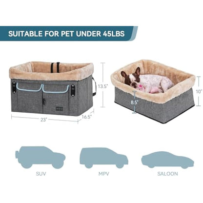 Petsfit Dog Car Seat for Medium Sized Dog or 2 Small Dogs, Dog Booster Car Seat with Patent Buckles, Washable Pad, Upgraded Pet Car Seat for Dogs Up to 20 KG, Light Grey