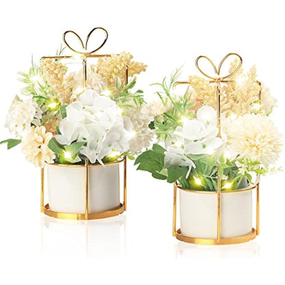 BEGONDIS Set of 2 LED Artificial Flowers Potted Fake White Flowers Hanging Potted Plants For Home Living Room Office Party Decor Decoration