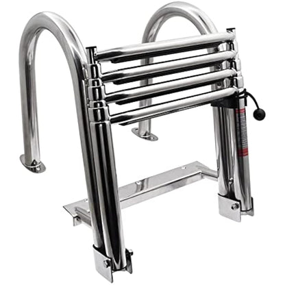 KAOLALI Boat Ladder 4 Steps, Pontoon Boat Ladder Foldable Stainless Steel Marine Rear Entry Telescoping Ladder with Wide Steps Swim Deck Ladder with Pedal Hand Railing Lad Capacity 200 kg