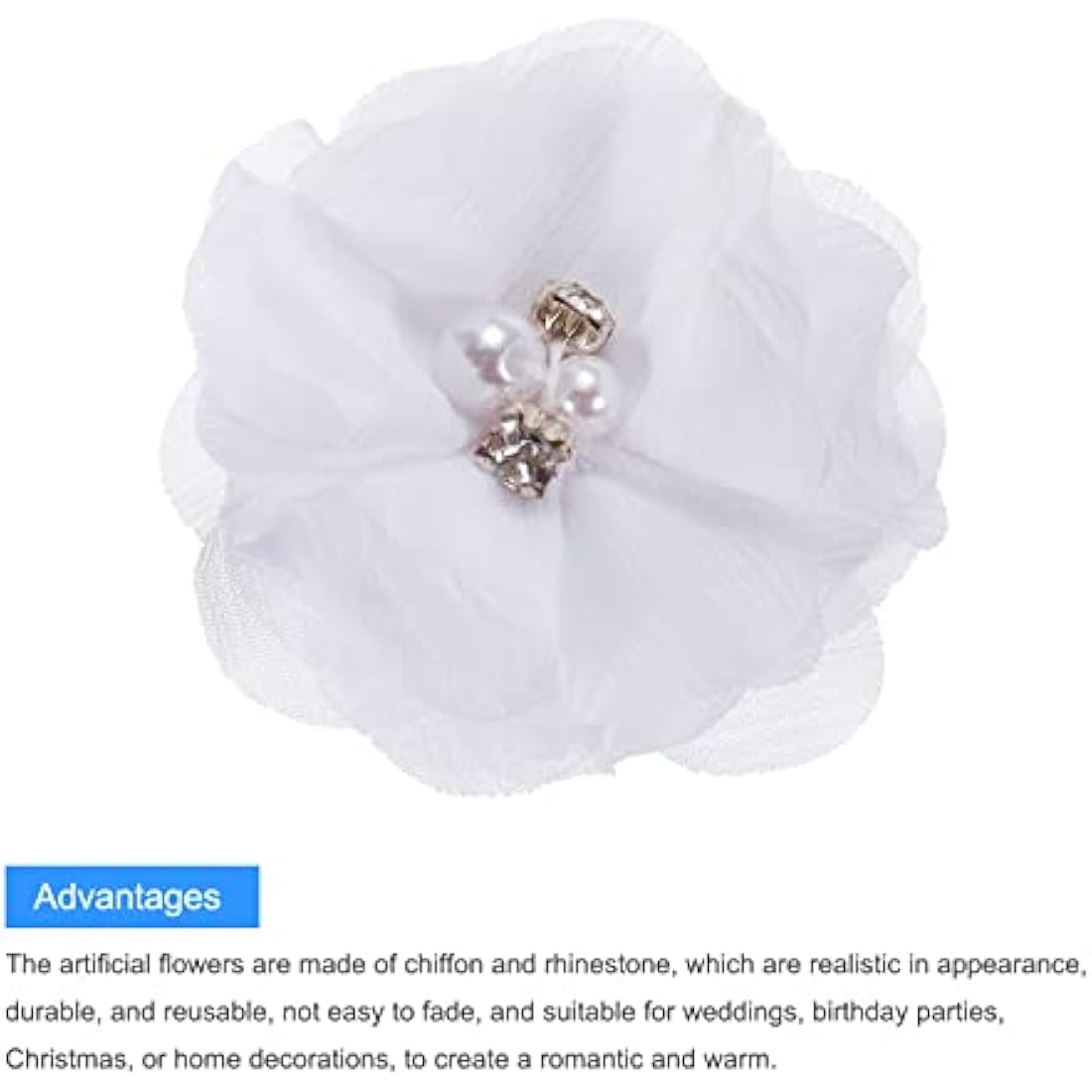 sourcing map Artificial Rhinestone Chiffon Flower Heads, White Faux Flowers 2 Inch for DIY Craft Wedding and Party Decoration Pack of 20