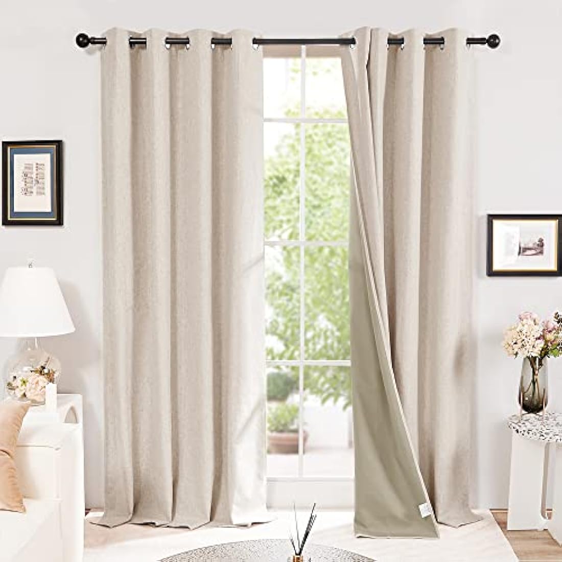 Deconovo 100% Blackout Curtains Thermal Insulated Faux Linen Eyelet Door Curtains for Childrens Bedroom Pale Khaki W52 x L84 Inch One Pair