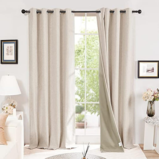 Deconovo 100% Blackout Curtains Faux Linen Eyelet Energy Saving Curtains for Childrens Bedroom Pale Khaki W46 x L90 Inch One Pair