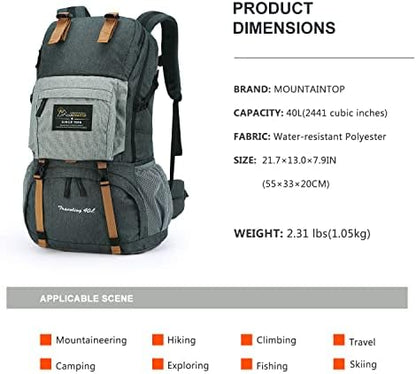 MOUNTAINTOP 40L Hiking Backpack Water Resistant Mens Women Rucksack for Trekking, Traveling, Camping, Cycling, Climbing