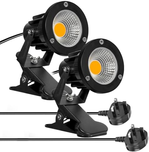 Milpoel COB LED Clip on Spot Lights, 7W, 3M Cord, IP65 Waterproof, for Indoor/Outdoor Pathway, Deck, Lawn, Patio, Walkway, Billboard (Warm Light, 2 Pack)